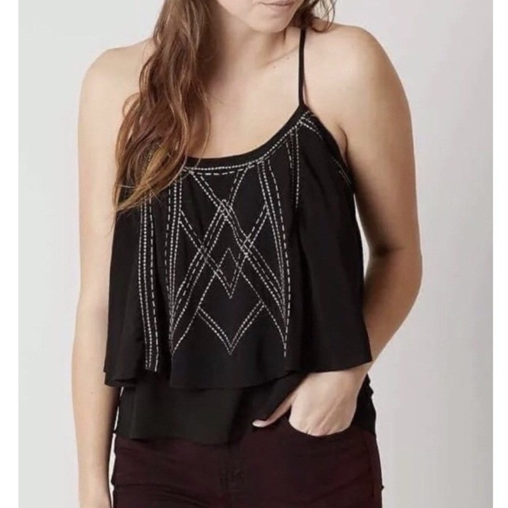 Miss Me Black Beaded Layered Camisole Top Strappy Festival Back Boho sz Large *